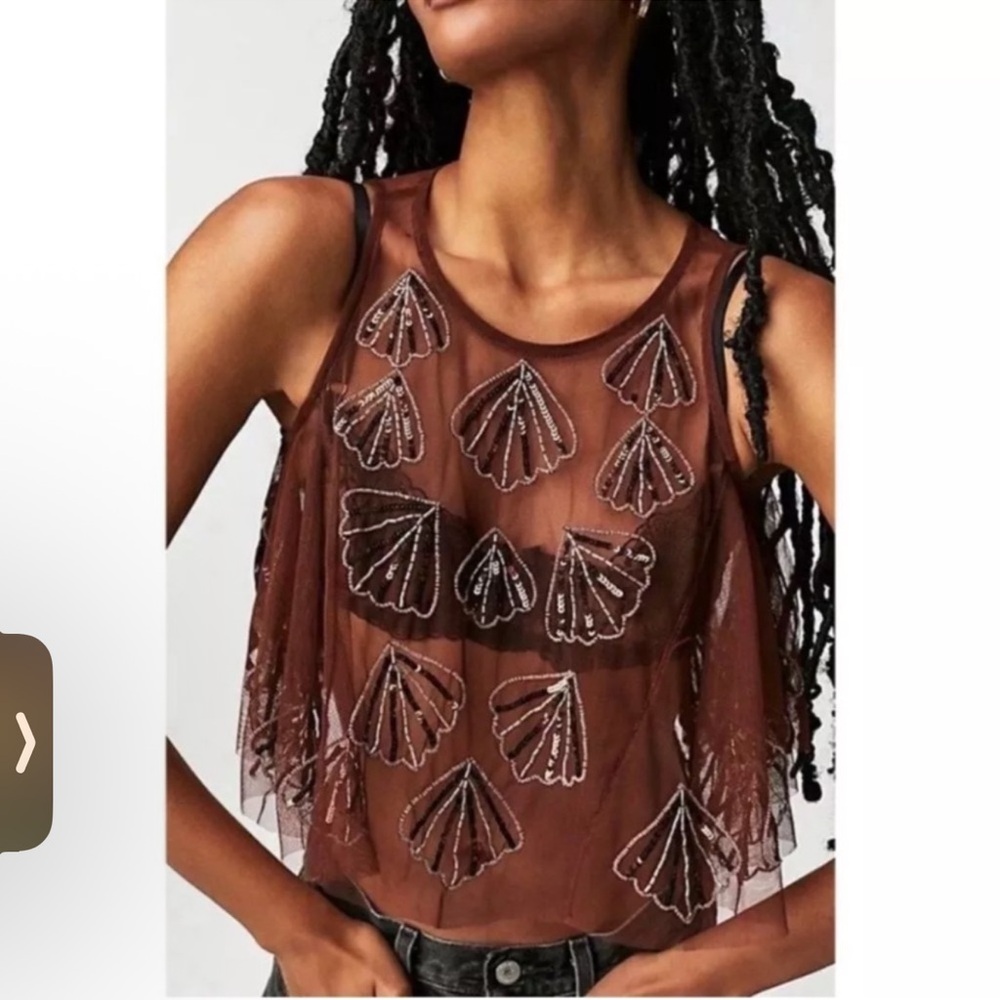 NWOT Free People Brown Tank Dress with Leaf Appliqué SZ XS